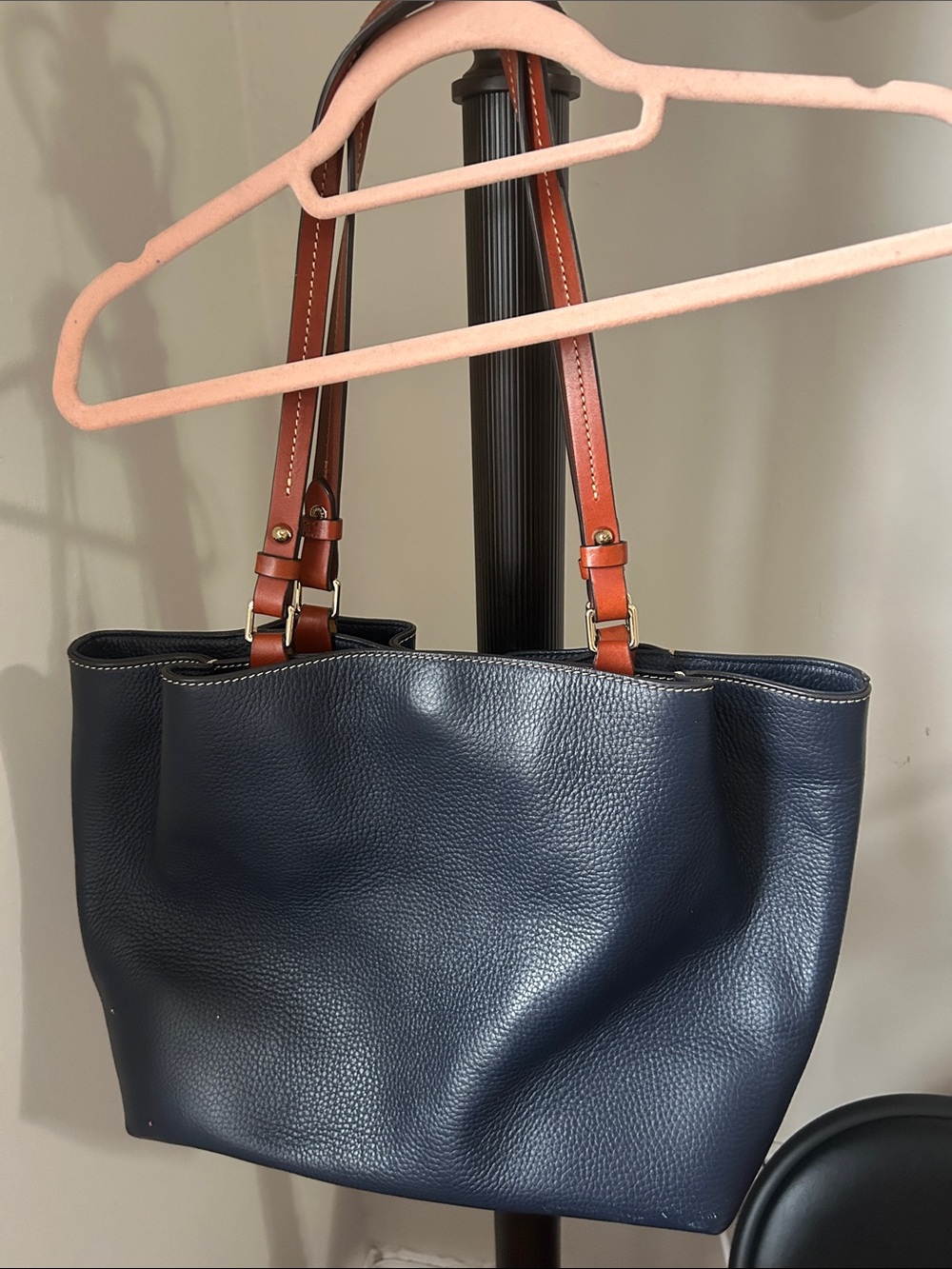 Dooney & Bourke Navy Leather Tote with Brown Handles - Picture 5 of 10